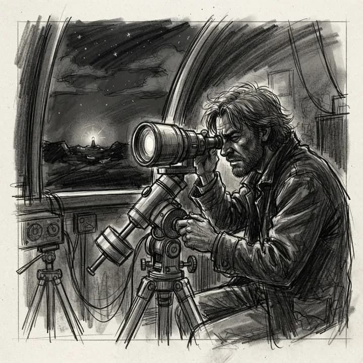 Scene 10 sketch: In sudden darkness around the lens, Elias watches the far light keep blinking with deliberate patience.