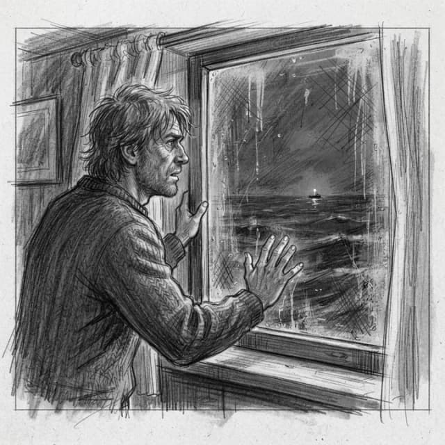 Through a salt-streaked window, Elias freezes as a lone pinprick blinks far out at sea.