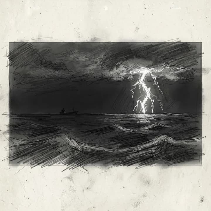 Scene 3 sketch: Far offshore, a cold white flash stabs the darkness.