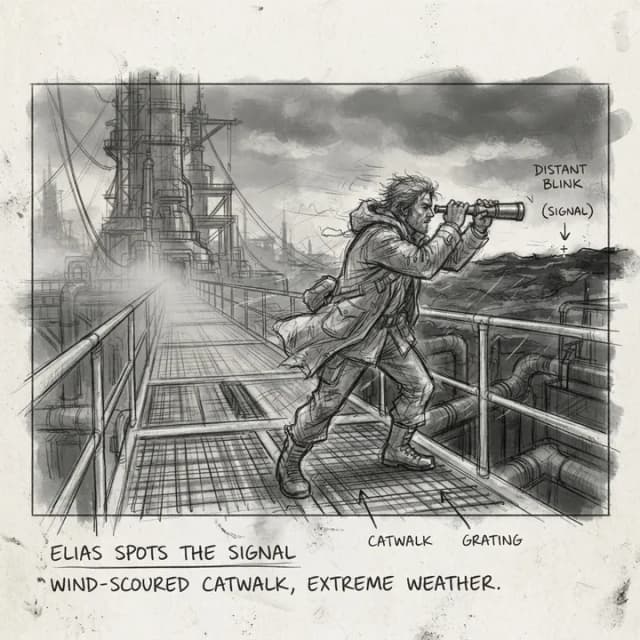 On the wind-scoured catwalk, Elias lifts a brass spyglass toward the distant blink.