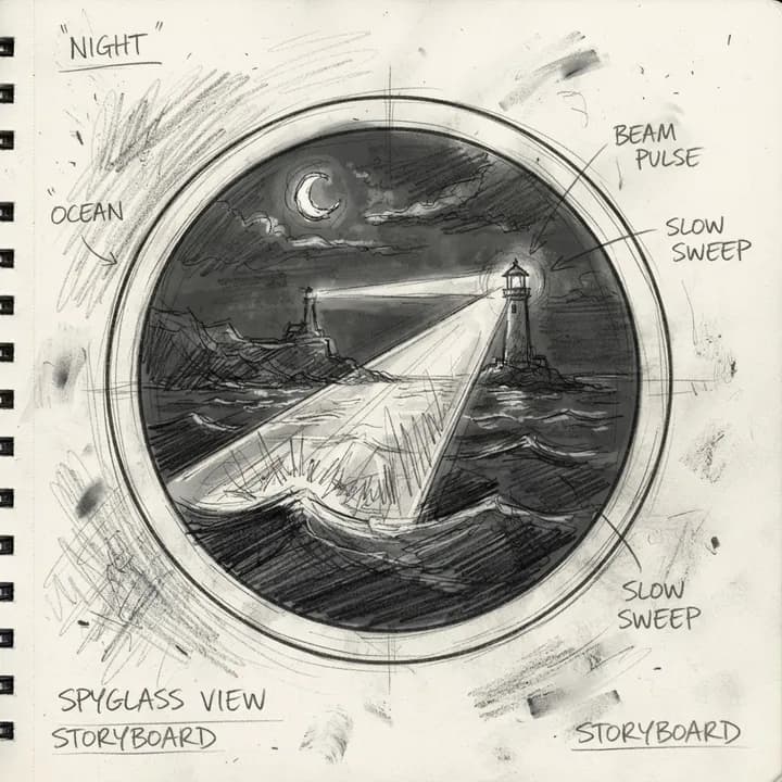 Scene 5 sketch: Through the spyglass, the sea light pulses exactly with the lighthouse’s slow sweeping beam.