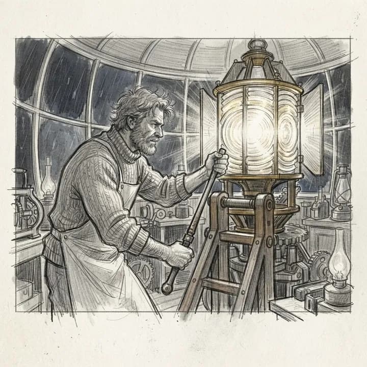 Scene 6 sketch: Inside the lantern room, Elias works the shutter lever to send three measured blinks.