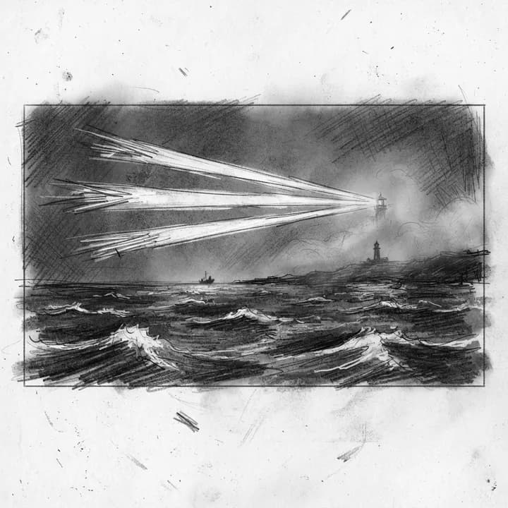Scene 7 sketch: Out at sea, three quick blinks slice through the mist.