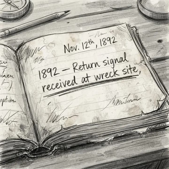 Scene 8 sketch: An open logbook shows a faded entry: 1892, return signal received at wreck site.