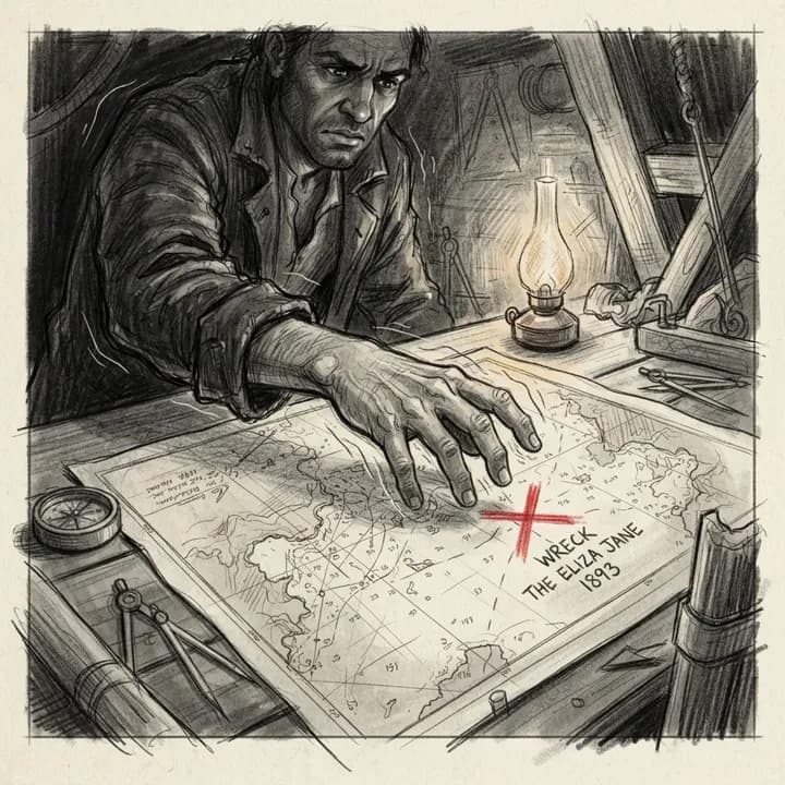 Scene 9 sketch: Elias’ trembling hand hovers over a nautical chart where a red X marks the wreck beneath the light.