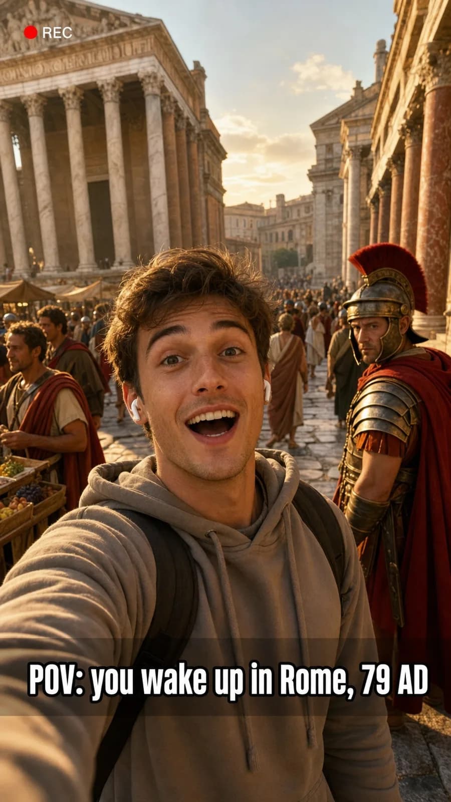 AI time-travel vlog: a modern creator filming a selfie video in the Forum of ancient Rome